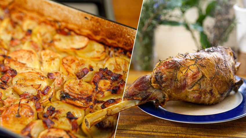 GARLIC roast lamb and potatoes